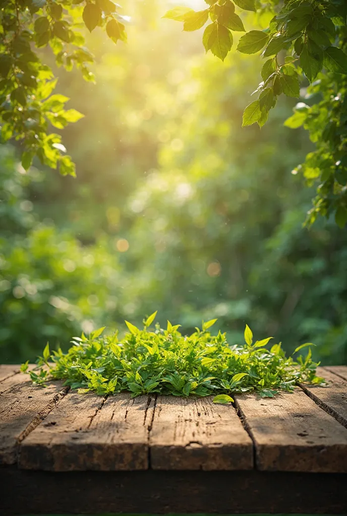 Summer bright wooden table top background, around the foliage leaves a bright picture