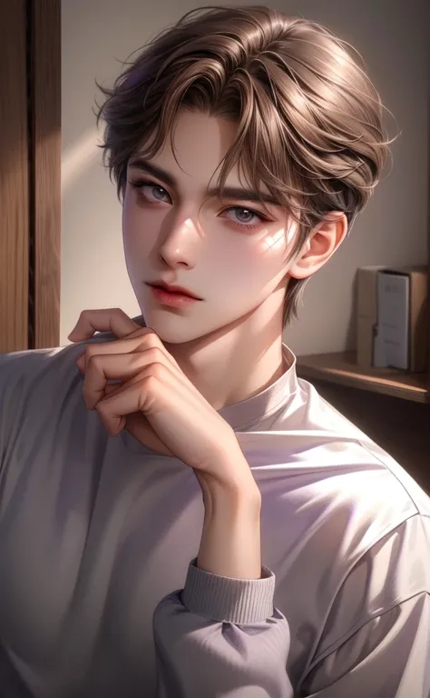 Boy, light brown hair, gray eyes, sharp features, white skin, purple shirt