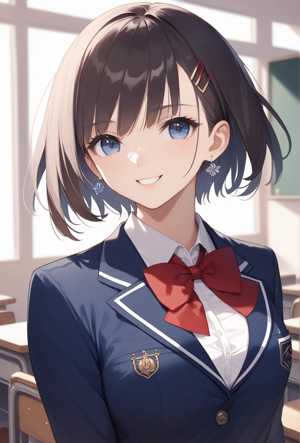  top quality、masterpiece、one beautiful woman、（（brown short hair:1.5））、dark blue eyes、high school uniform（White collared shirt、red tie、）

indoor、classroom、machine、Sunshine、


（ headshot :1.3）、（extreme closeup shot:1.3）
  looks at viewers with a smile、