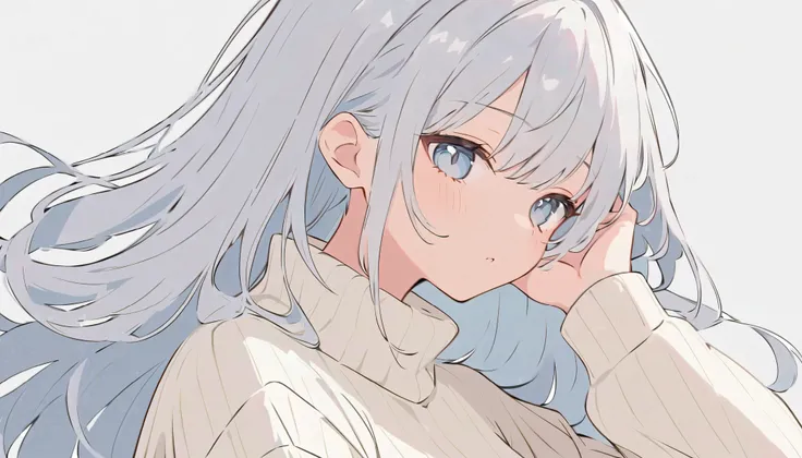 flat color, 
1girl, solo, 
silver eyes, silver hair, long hair, sleepy-eyed, sleepy, 
hand in own hair, looking at viewer, upper body, 
ribbed sweater, white sweater, 
simple background, silver background,