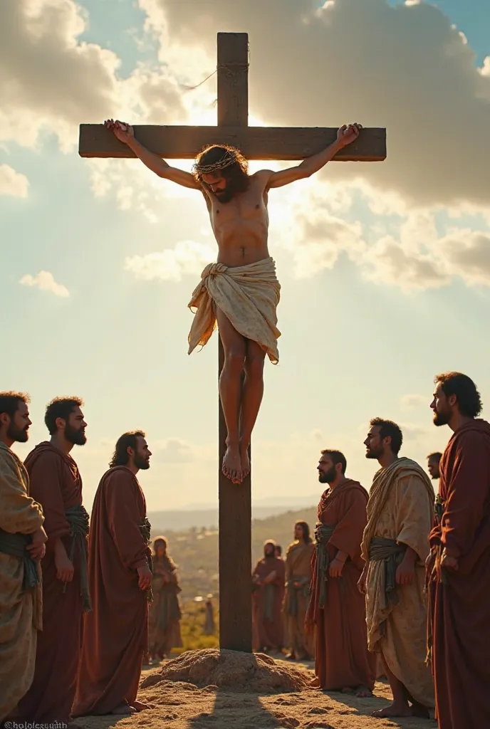 *"Create an ultra-realistic, cinematic scene of Jesus Christ hanging on the cross, captured with extreme sharpness and breathtaking detail. The setting is under a clear midday sky, with the sun casting a radiant glow, illuminating every texture with precis...