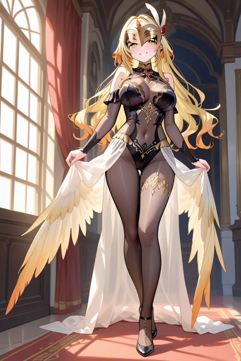 nsfw, 1girl wearing on wearing an ornate carnival golden mask adorned with vibrant feathers, see through Fringe Bodystocking, big smile, full body, standing