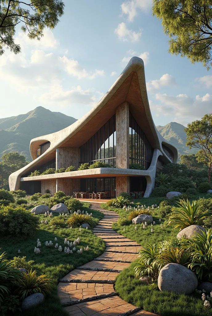 A picture of an south African king's residence building with a roof that is shaped like a traditional zulu shield. 