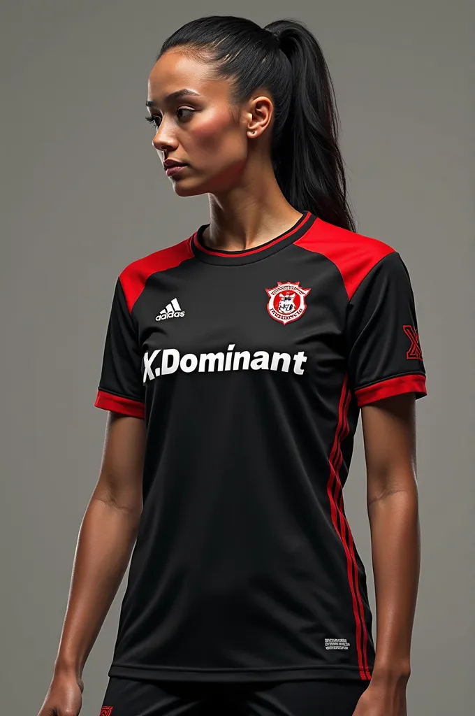 I want to create a kit for a football team

Shirt and shorts

Main team set: full black, except for the shoulder area, red and the shirt number in red. With the X.Dominant phrase in white on the middle of the front shirt as an official sponsor. With the Ad...