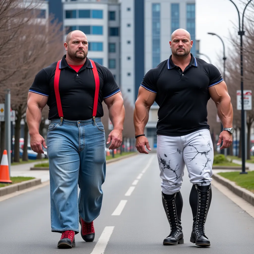 This photograph captures two men with extremely large muscular physiques, showcasing extremely huge exaggerated muscles, especially in their arms, chest, legs and buttocks walking on a paved road in an urban setting. The man on the left has a shaved head a...