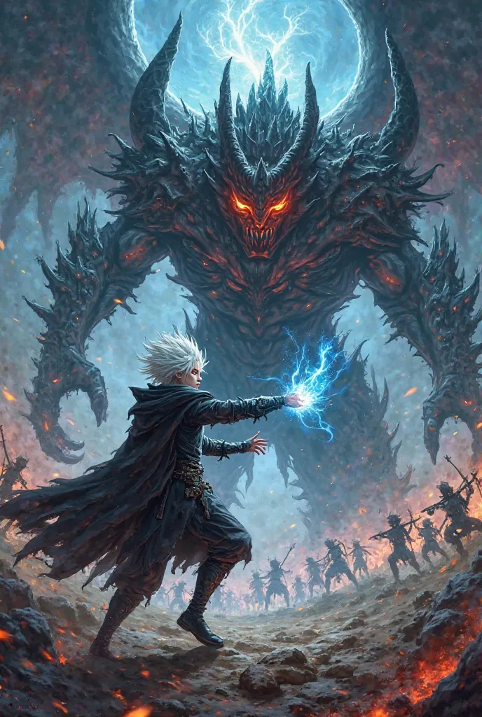 A dramatic battle scene in high-quality manhwa style: Kaelith, a young warrior with wild white hair and glowing golden eyes, is mid-combat against a monstrous boss. His tattered dark cloak, the ‘Rogue’s Cloak,’ billows behind him as he moves with supernatu...