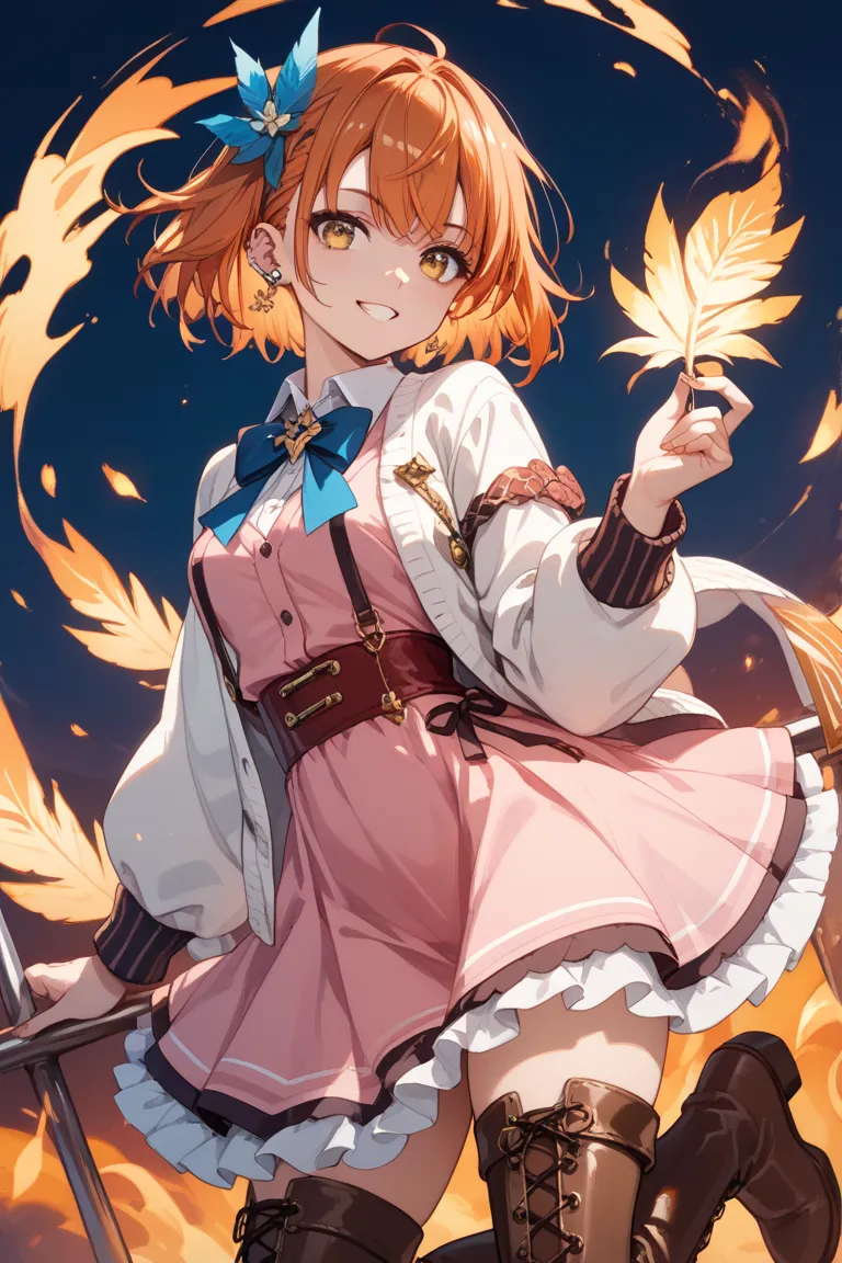  female、Please generate a portrait of Ise Mikoto。 Her appearance 、has a fluffy bob cut like a fiery redhead feather、golden eyes、She has a slightly darker skin tone。She has a long pale pink dress and a white cardigan、wears brown long boots、has a piercing on...