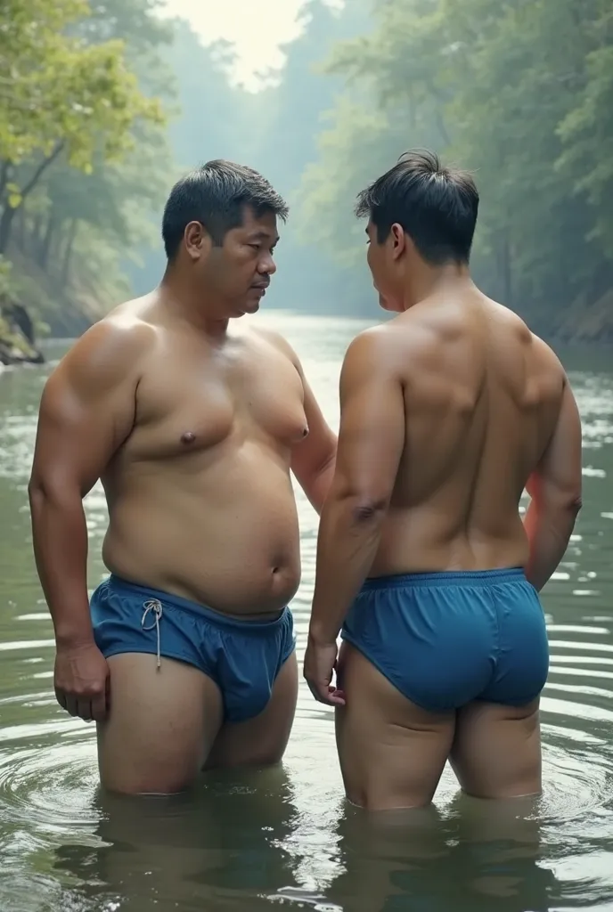 two men in blue underwear standing next to each other in a river, a digital rendering inspired by Baiōken Eishun, reddit, shin hanga, sumo japanese, strong fat bacchanalian body, Jiro Matsumoto and Yusuke Murata, katsuhiro and inio asano, sumo wrestler, Sh...