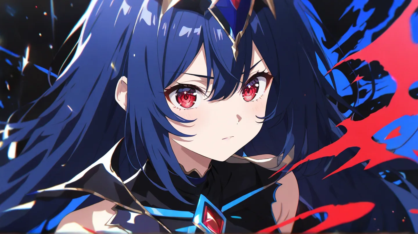 An anime girl s, with dark blue hair, red eyes, Blue nightmare in the background