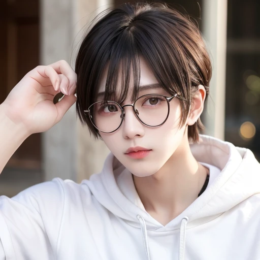 cute hoodie round glasses lip piercing brown hair bob hair male color white