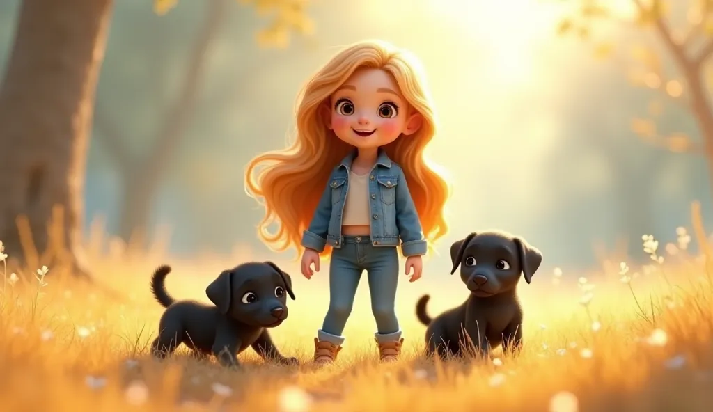 "A cute animated-style  with two loyal black puppies beside her. She is dressed in blue jeans and a denim jacket, with long golden hair flowing down. She stands happily while the puppies play near her. The scene is dreamy and soft, creating a magical and a...