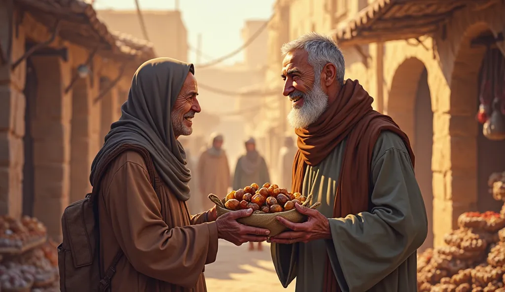 Create image:highly detailed degital illustration.""The middle-aged man, now smiling warmly, hands a bag of fresh bread and dates to the frail old woman, who looks up at him with gratitude. Hassan, standing nearby, watches with a content smile. The village...