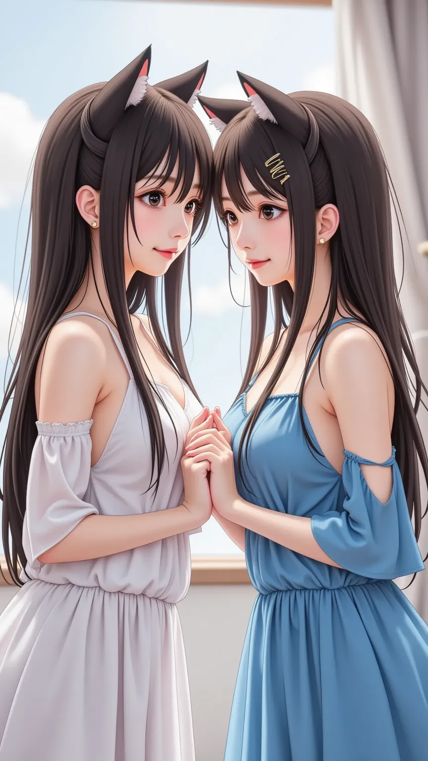 Two girls with cat ears are bringing their hands together and bringing their faces close
One is wearing a white dress and the other is wearing a blue dress