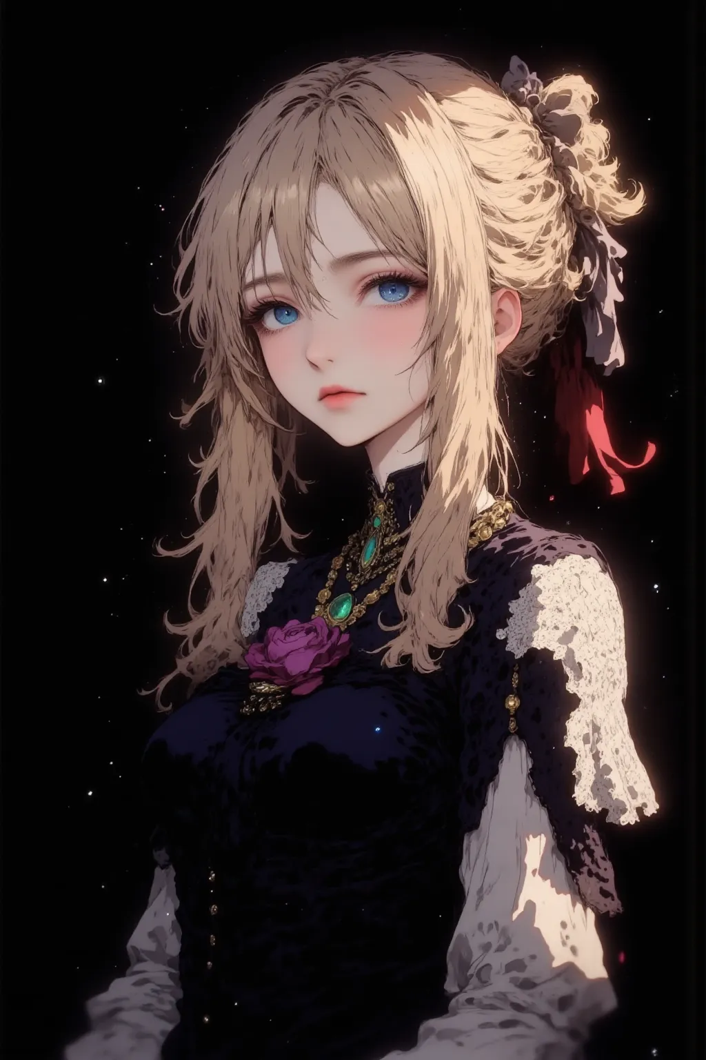 A highly detailed and realistic anime-style illustration of Violet Evergarden, an elegant blonde woman with wavy, shoulder-length hair, standing against a completely black background. Her piercing blue eyes shine with a melancholic yet serene expression. S...