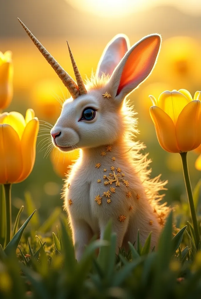 Arabian Mythical Miraj Rabbit mixed with unicorn. In low grass with beautful yellow flowers Camp like swedden tullips field