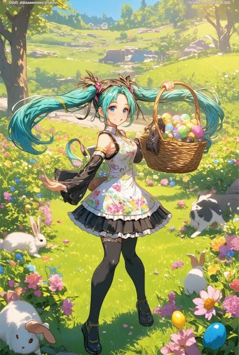 ( masterpiece、 top quality、 top quality、Official Art、 beautiful and beautiful :1.2)、(one girl:1.3) Hatsune Miku、twintails, beautiful breasts,(masterpiece), best quality, HOLD A SUNNY SPRING DAY , in a meadow full of flowers, a girl in colorful dress a...