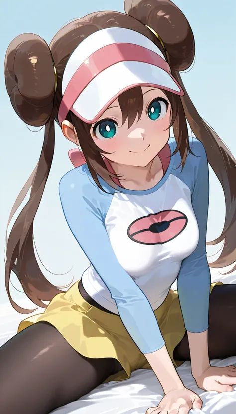high resolution picture, masterpiece, best quality, amazing quality, solo, 1girl, rosa,pantyhose, pantyhose under shorts, raglan sleeves, skirt, yellow skirt, white shirt, blue sleeves, long sleeves, visor cap,smile,small breasts 