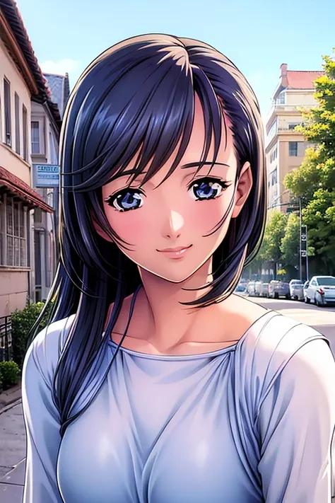 a girl, (best quality), (masterpiece), (((portrait))), smile, medium breasts, The scene is set on a bright daytime street, with clear blue skies and city elements in the background. 