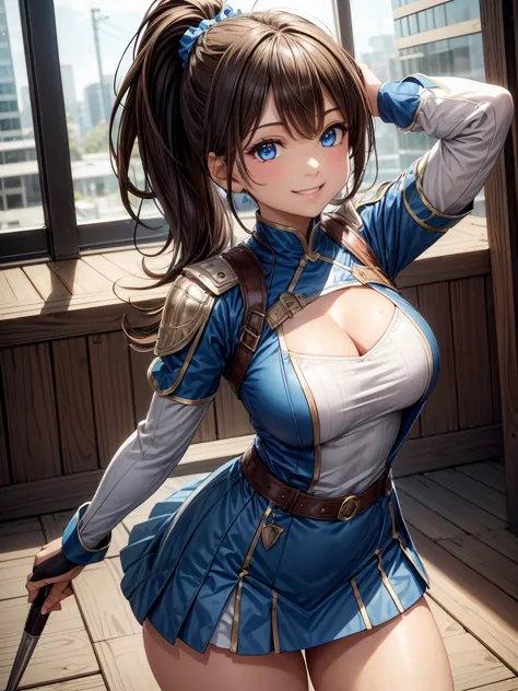 ((woman with brown ponytail hair: 1. 5)), ((Beautifully detailed girl with blue eyes:1.3)), (( has a bright smile:1.4)), charming thighs、((スーツを着たOLが officeチェアに座っている)),  office,  detailed lighting、ultra high definition、best quality, 32K, RAW photo, incredib...