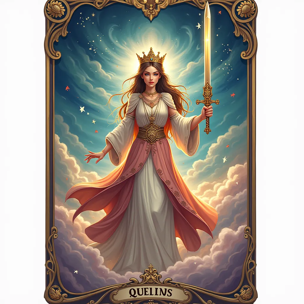 tarot card illustration　Sword　 Queen 　cute illustration　
