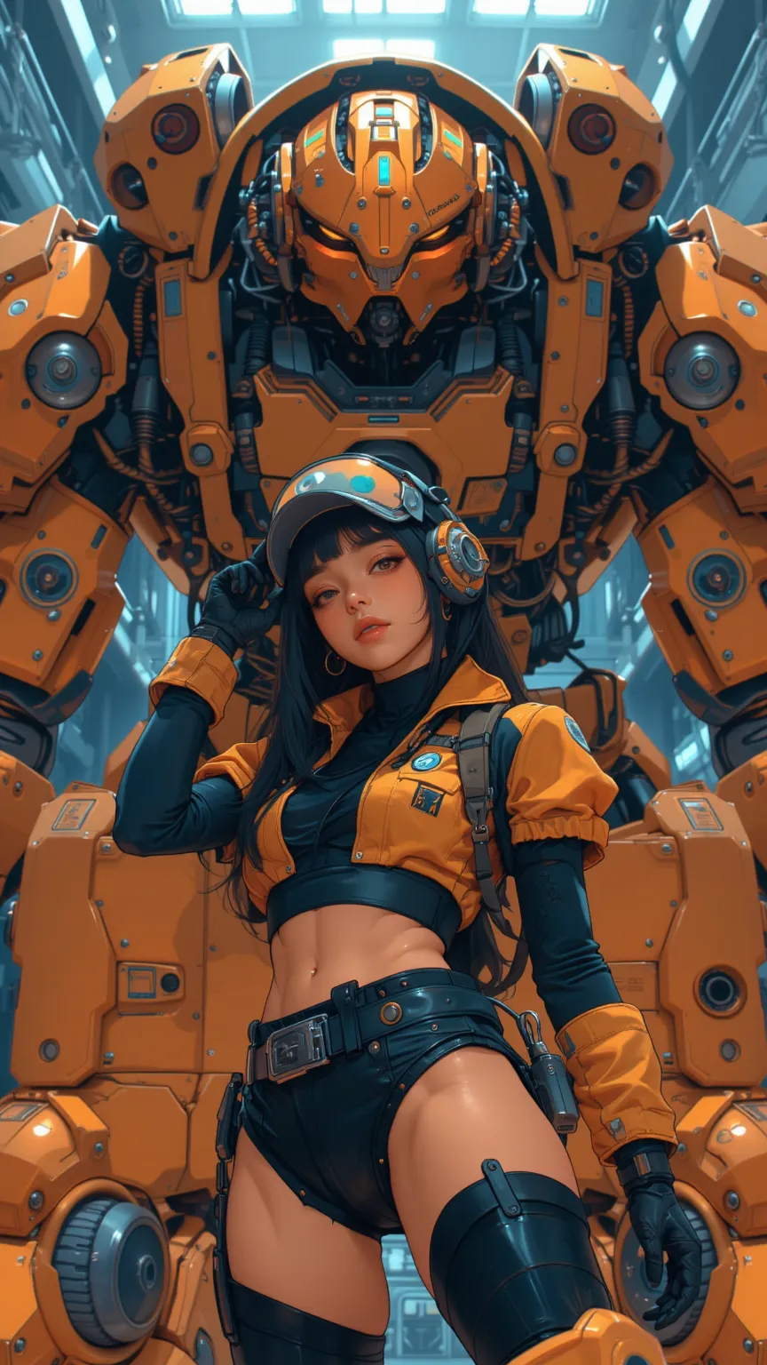  HD , 8k ultra high resolution ,Rich in Details, professional , Cyberpunk cartoon style , Portrait of a female mech fighter , A female mech fighter , Yellow and black fighter costume ,Holding a battle mech cap ,Handsome posture , Under a futuristic giant b...