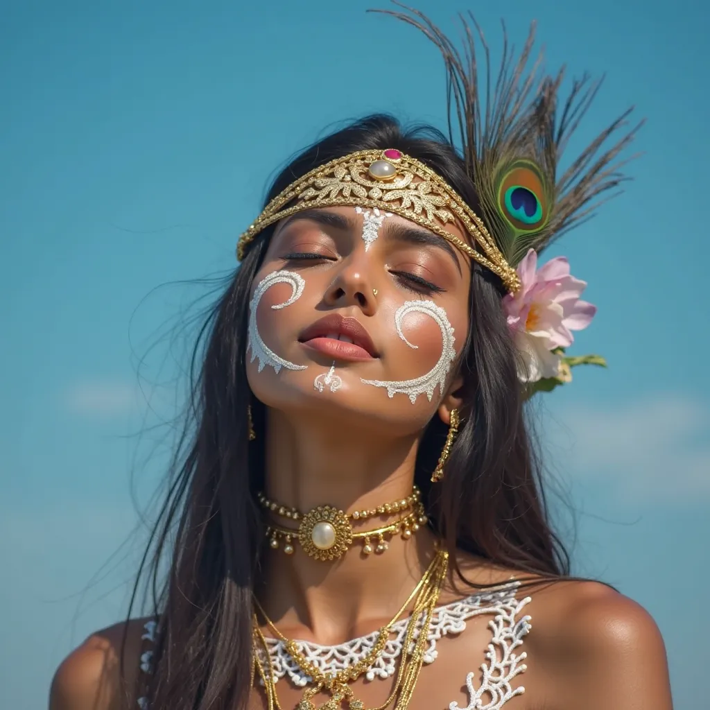 Eyes closed, heart open—immersed in divine love. ✨

A serene depiction of devotion, where every stroke of the tilak and intricate white designs reflect the soul’s connection to the divine. The peacock feather, gently placed in the golden headpiece, whisper...