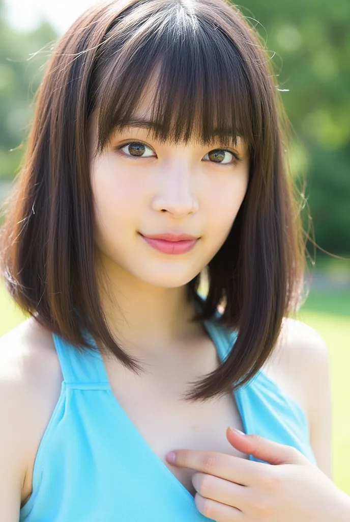 Suzu, Facial close-up, This image shows a young woman with semi-long, dark straight hair and bangs that partially cover her forehead. She has fair skin and is wearing a blue top, which appears to be a halter-style neckline, The fabric appears to be slightl...