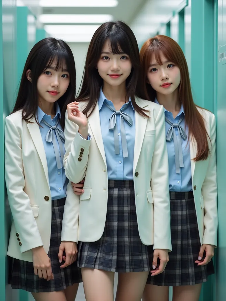  3 high school girls ,Gal High School Girl,Everyone has a different hairstyle, everyone has the same uniform(plaid pleated skirt,light blue blouse,Ribbon tie, white blazer ) Point your smartphone at the camera,Shoot downwards with your smartphone,laughs,Ma...