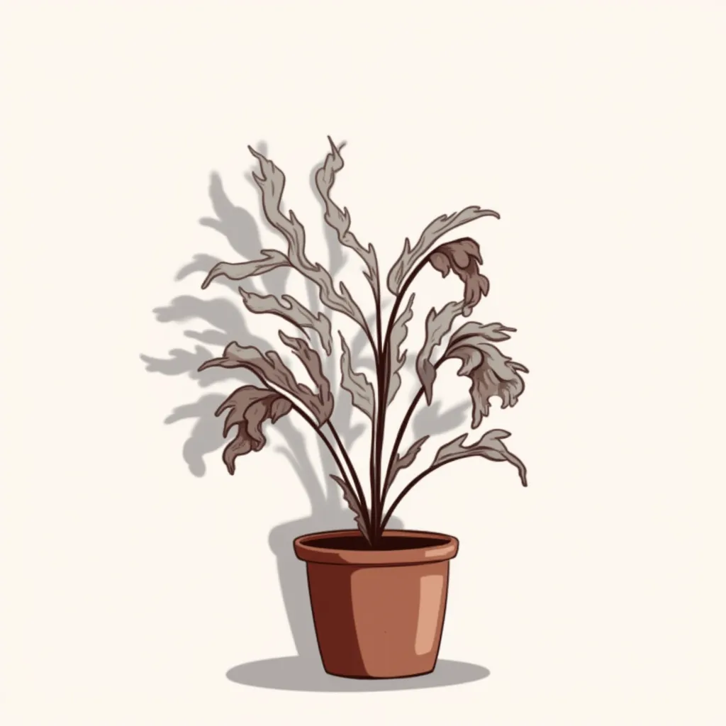 A minimalist, hand-drawn 2D illustration of a severely wilted, dehydrated & dead fern plant in a brown pot, with leaves in muted grey and darker brown tones. The leaves of the dead plant are drooping dramatically to the sides and towards the ground, and ar...