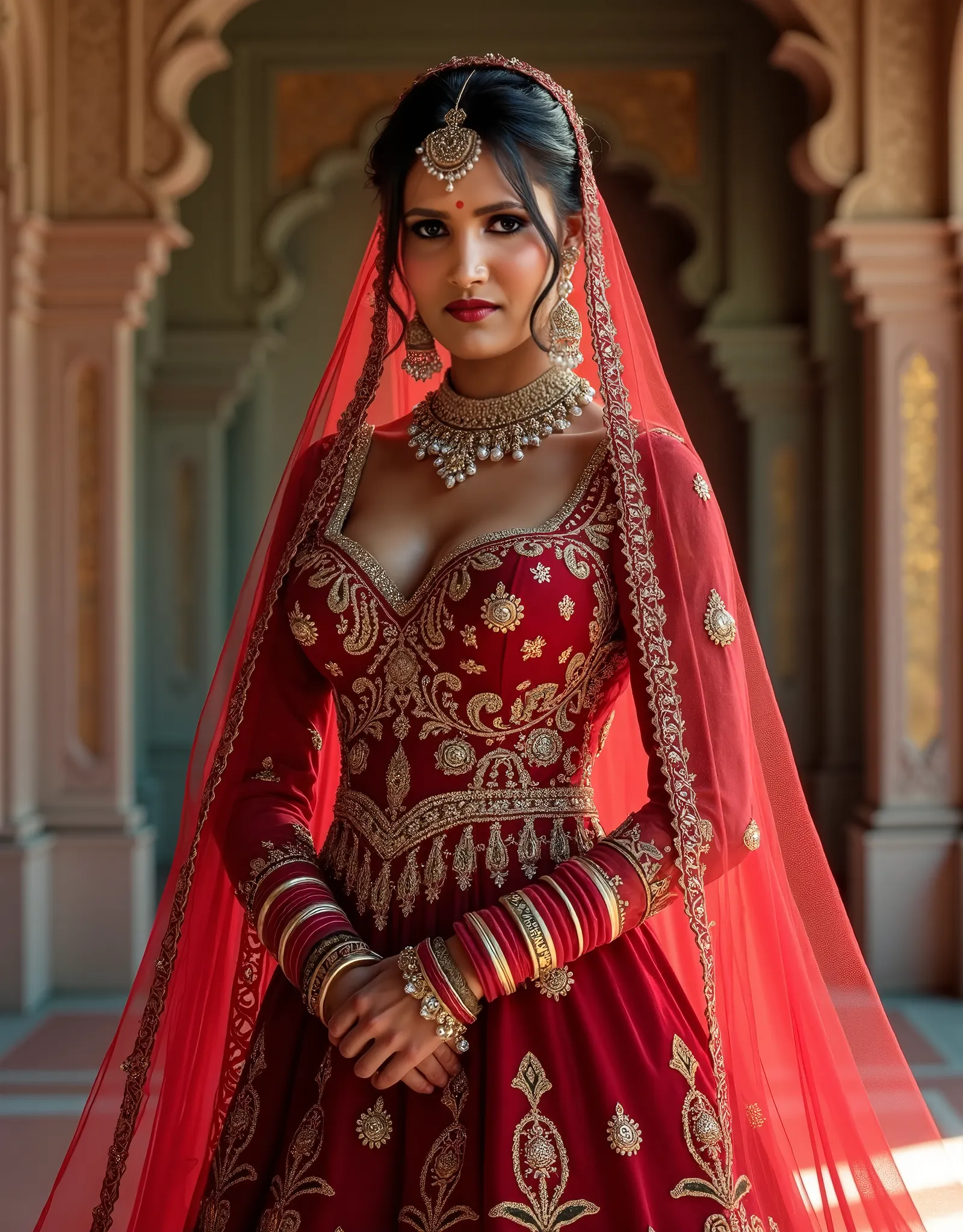 Create a highly detailed and visually rich image of a beautiful Punjabi bride.She should be depicted in a luxurious red Punjabi bridal dress, adorned with intricate embroidery and embellishments.Include every traditional Punjabi ornament, such as a maang t...