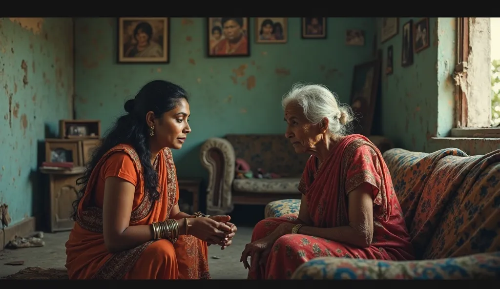 a 26 year old Indian woman and a 90 year old weak and thin Indian woman are sitting in the living room of a shabby house and talking to each other.