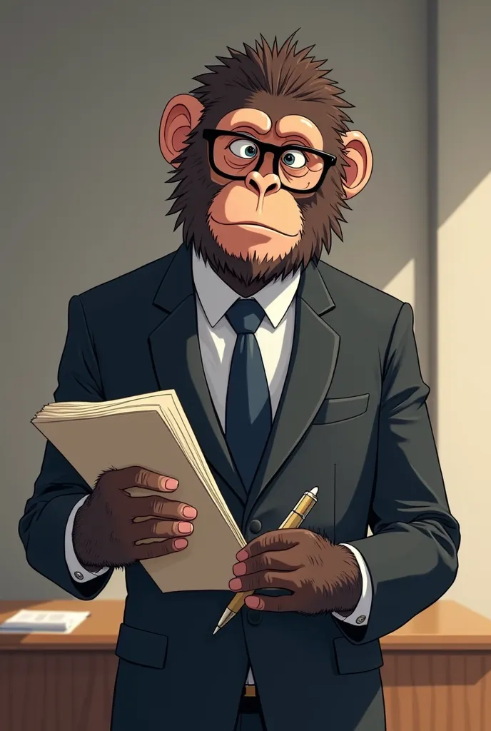 an ape as a lawyer with a pen and a file in his hand and wearing glasses and black coat on him as anime
