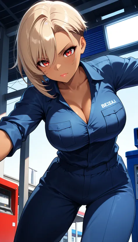1 female, (Mirai Edosaki, brown skin, red eyes), serious face, light brown hair, short hair, undercut,  asymmetrical hair,  beautiful eyes, beautiful lips, very detailed目と顔, Long Lashes, beautiful thighs,  work clothes, Mechanic Suit, (Stand up, Gas statio...