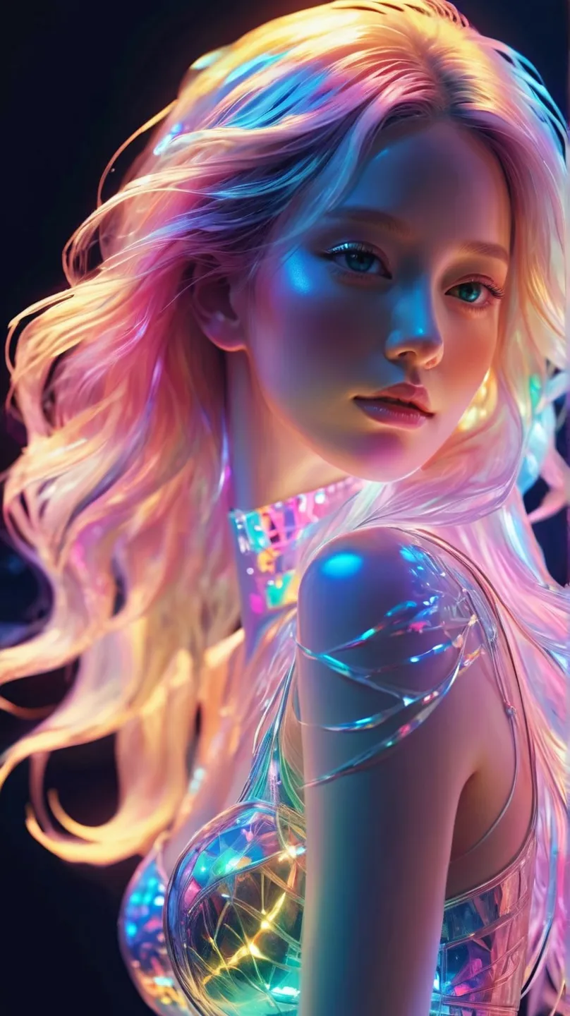 Super-detailed illustration of a woman's silhouette., phantasmagoric figurines, A 30-year-old woman with long blond hair   ((( transparent skin:1.5))), (((transparent body:1.5))), art by MSchiffer, neon lights, light particles,  Colorful , CMYK colors, wit...