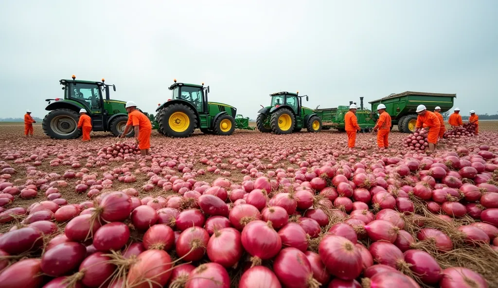 A vast field during the harvest of red onions. In the foreground, a massive pile of freshly harvested red-orange onions with dry roots and husks still attached. A group of workers wearing bright orange uniforms and white safety helmets are actively picking...