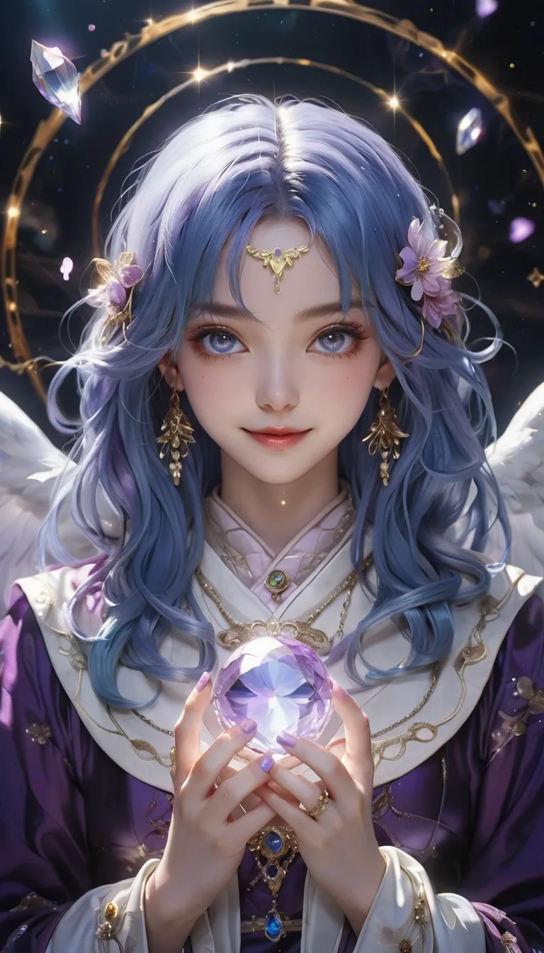 masterpiece, top quality, high detail,  beautiful and delicate eyes and face , Brilliant Color:1.3), １Female Fortune Teller, 　Evangelist of Love, her clothes are purple robes worn by fortune tellers, Her hair is blue,　large crystals with both hands１Picture...