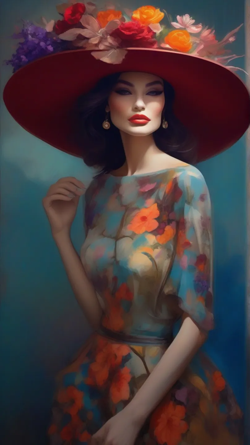 High-quality realistic acrylic art, vivid colors, A captivating hyperrealistic illustration of a sophisticated woman wearing a luxurious wide-brimmed red hat that elegantly covers part of her face. The hat is adorned with a stunning floral arrangement, add...