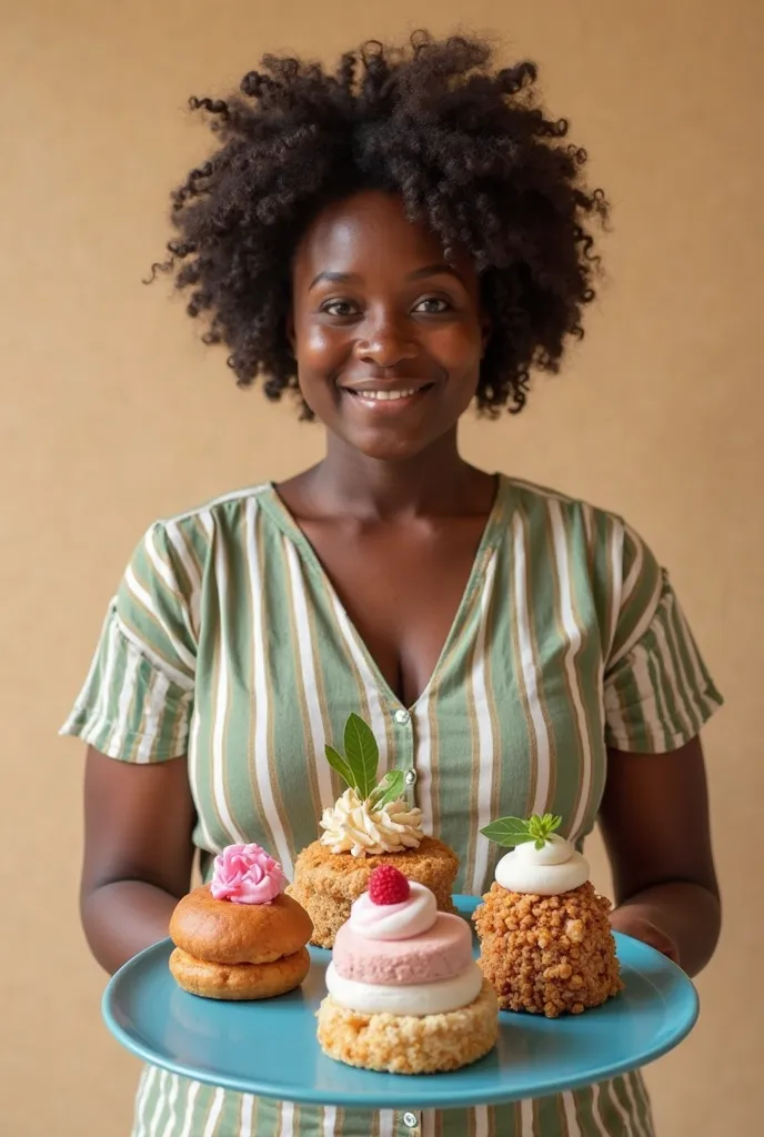 une femme africaine portant un tablier beige et un haut rayé vert et blanc, tenant un plateau bleu rempli de desserts variés. Les desserts incluent des gâteaux, des beignets et des pâtisseries décorées avec des garnitures colorées et appétissantes. La pale...