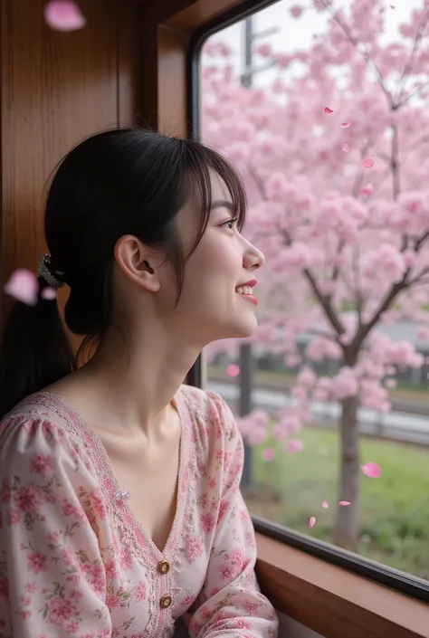 A woman happily looks at the cherry blossoms outside in full bloom from a train window