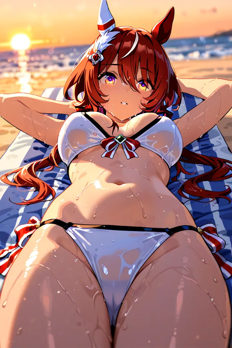 top quality,swimsuit,golden hour by the beach,Lying on your stomach,wet face,bigger breasts in bikinis,win variation, horse ears