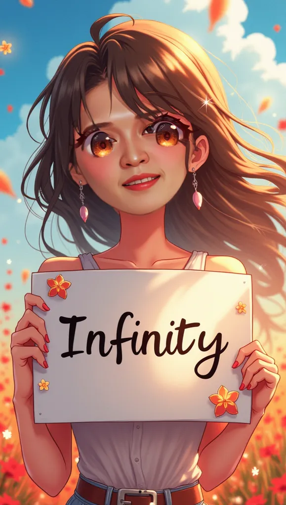 a beautiful and cute woman holding up a sign "I love infinity", vui vẻ, vui vẻ, anime illustration, photorealistic, tranh sơn dầu