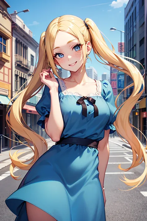 lustrous skin, 1girl, blonde hair, twintails, forehead, long hair, freckles, blue eyes, blue dress, puffy sleeves, short sleeves, peter pan collar,  city, smile, breast, collarbone, city, looking at viewers, day, sky, smile, mouth open, standing, 8k, best ...