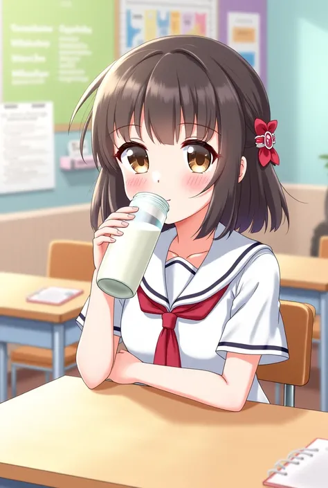 School anime girl drink milk in bottle 