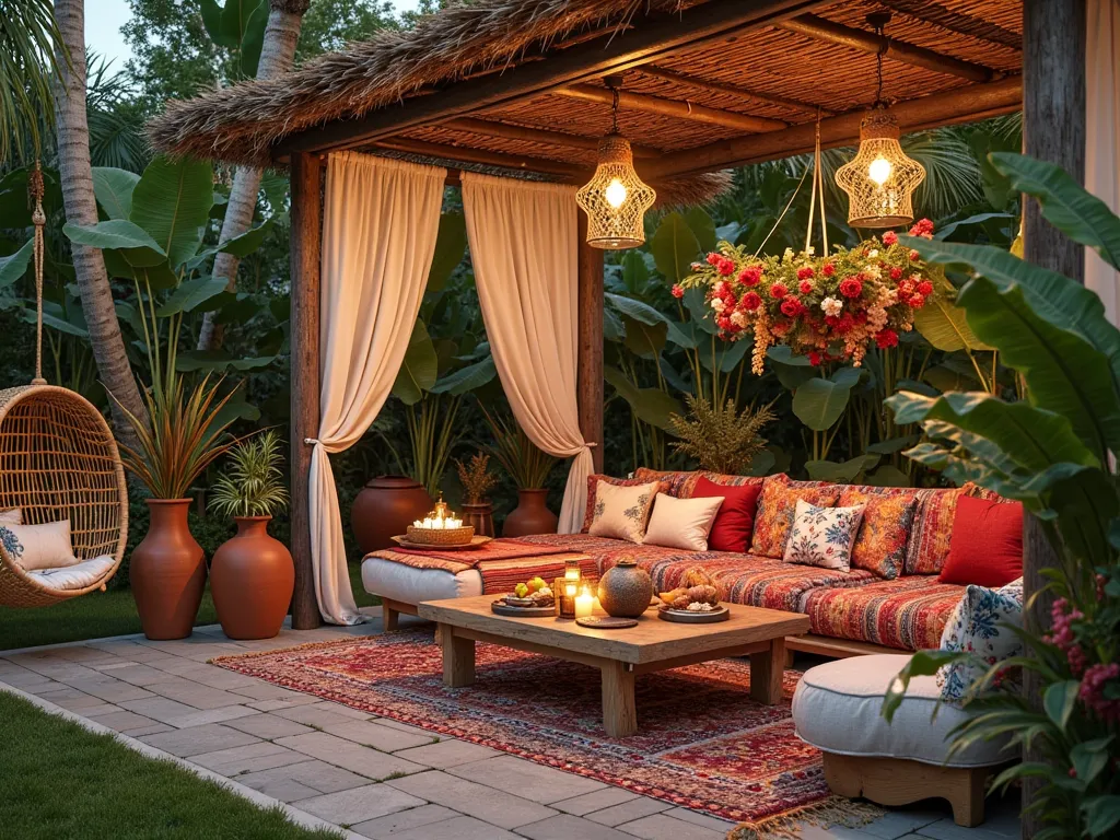 A vibrant tropical bohemian patio overflowing with lush greenery, featuring a low bamboo sofa adorned with colorful, patterned cushions and handwoven blankets. A thatched pergola with flowing sheer curtains provides shade, while a rustic wooden dining tabl...