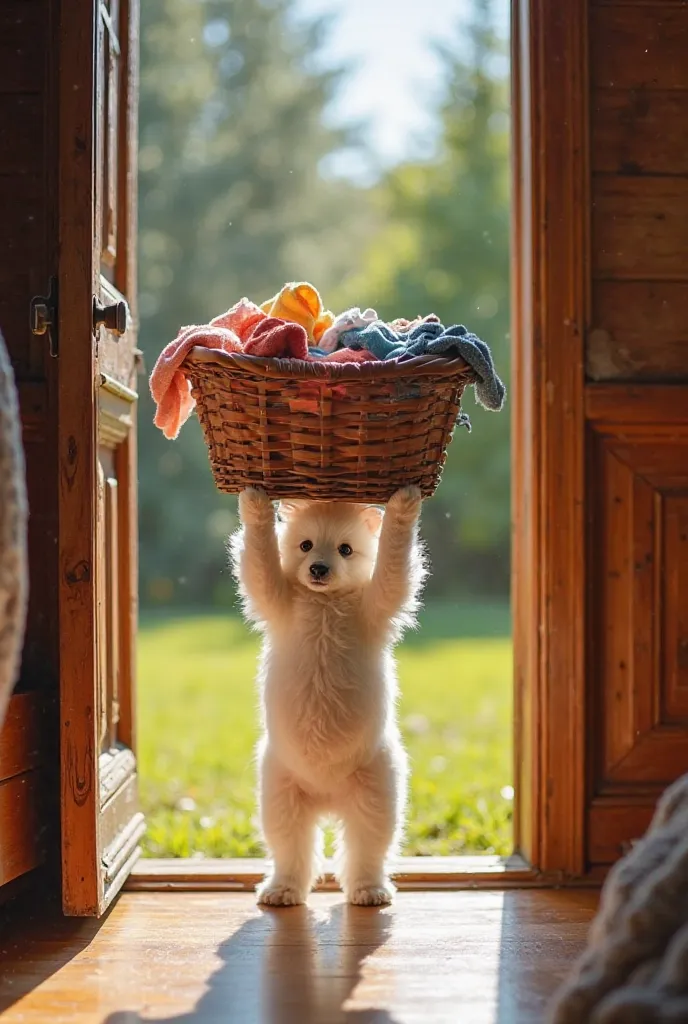 "A small white puppy or dog wearing simple clothes, standing at the doorway of a cozy wooden house. The dog is holding a laundry basket filled with colorful clothes above its head, looking determined as it steps outside. The wooden door is slightly open, r...