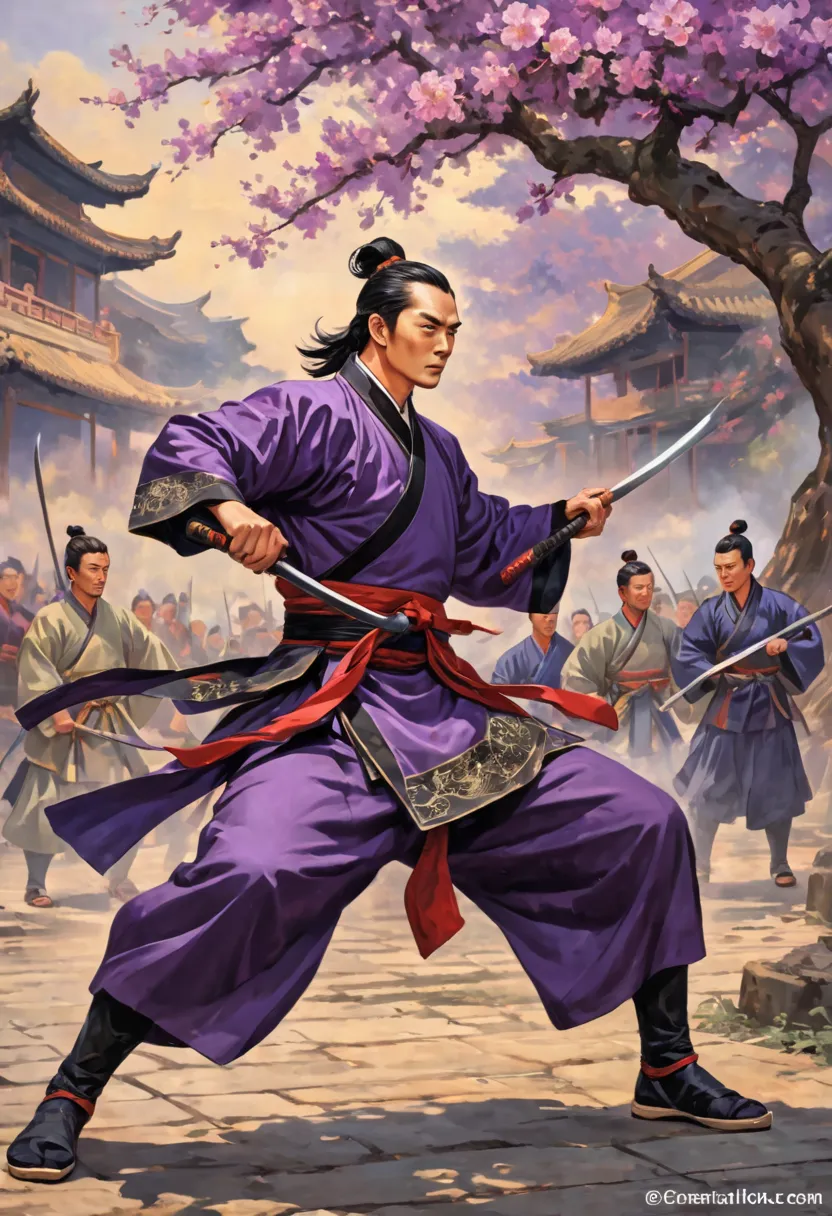 Ancient China during the Three Kingdoms period, General Nok Tien, tall  , Brave , practicing martial arts, thể hiện sự Brave và kỹ năng chiến đấu. in purple and black dominant