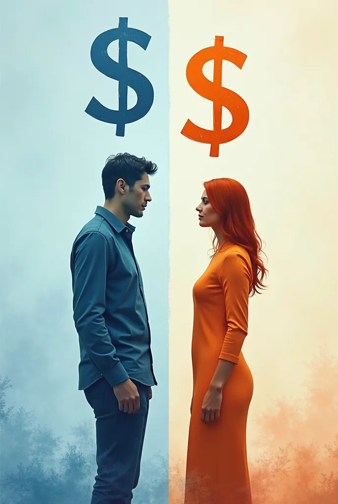 a male and female figure with unequal dollar signs above them and the color palette is blue and orange
