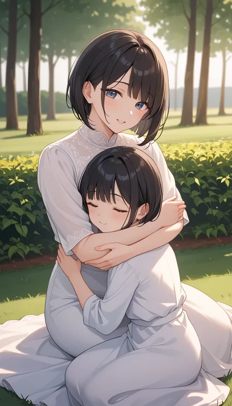masterpiece、 Mother and 、 family  、Genuine、Photographic expression 、Japanese、 bob cut、 black hair 、Mother、20 years old、white dress with large slit、、、 small tits、 cute dress 、Hug each other at the park、The girl is sitting on the lawn with her mother、and Shi...
