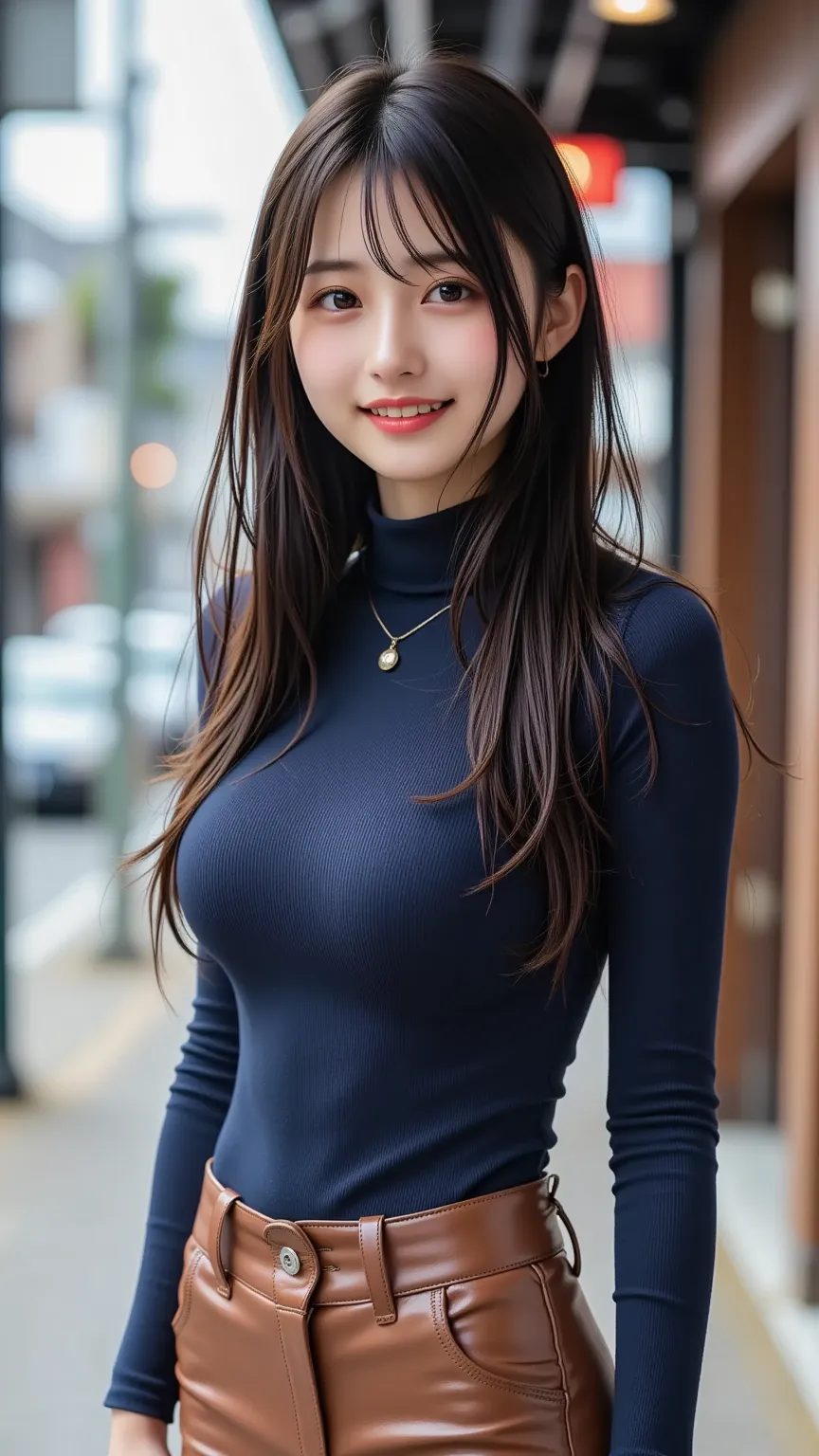 A young Japanese woman in her twenties with a slender, model-like appearance. She has long, slightly brown, and beautifully styled hair. Her navy blue turtleneck and tight brown leather skirt emphasize her elegant figure, including well-defined curves. She...