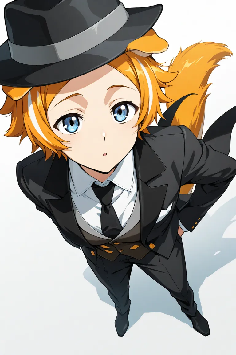 only one ((gentleman)), masterpiece, highest quality, ((only one gentleman)), anime-style, standard, fair skin, break having orange blond short hair man, spiked hair,  break black Tailcoat, white collared shirt, ((center-parted hair)), white background, bl...